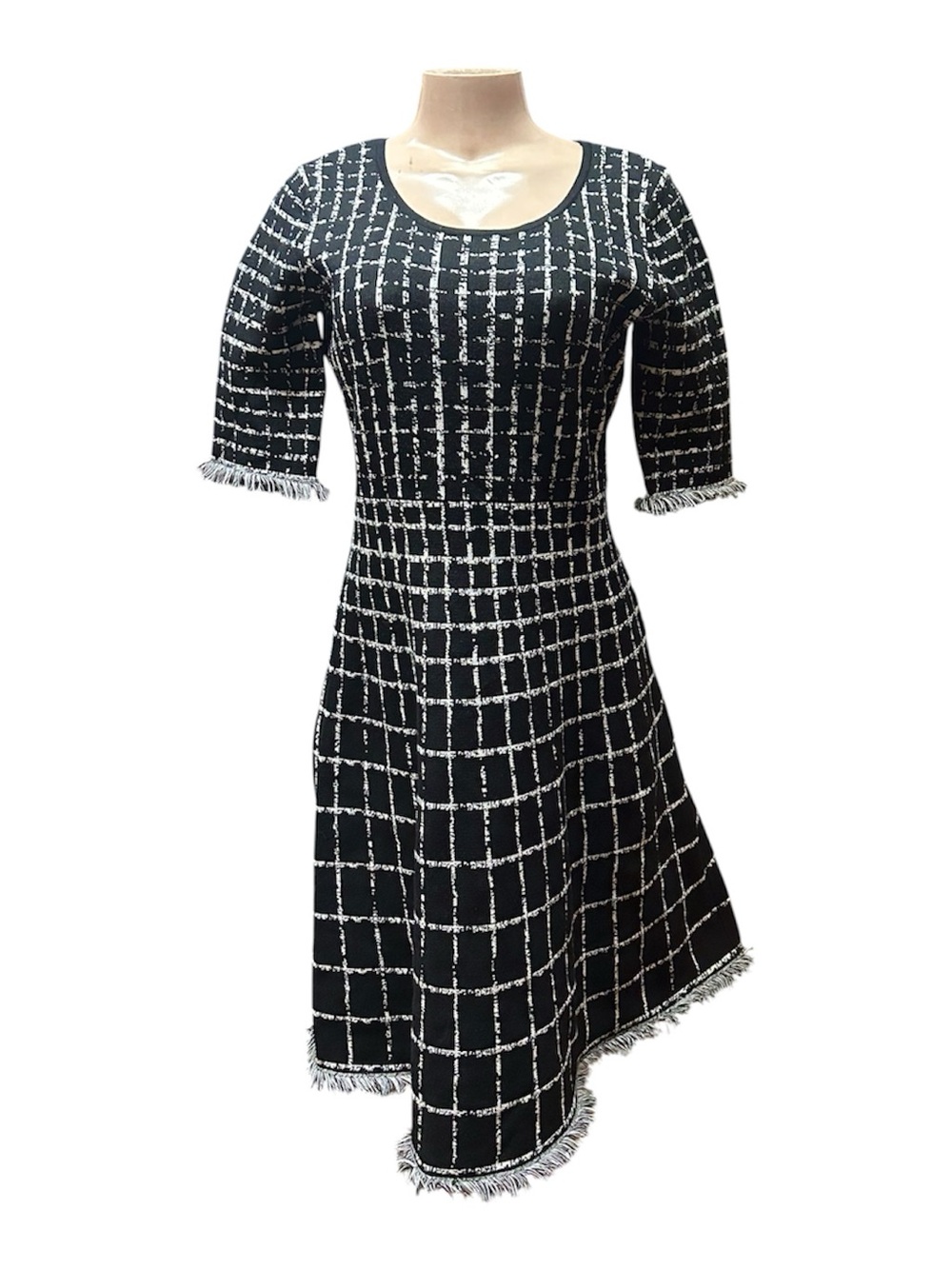 Taylor Black and White Asymmetrical Fringe Grid Dress